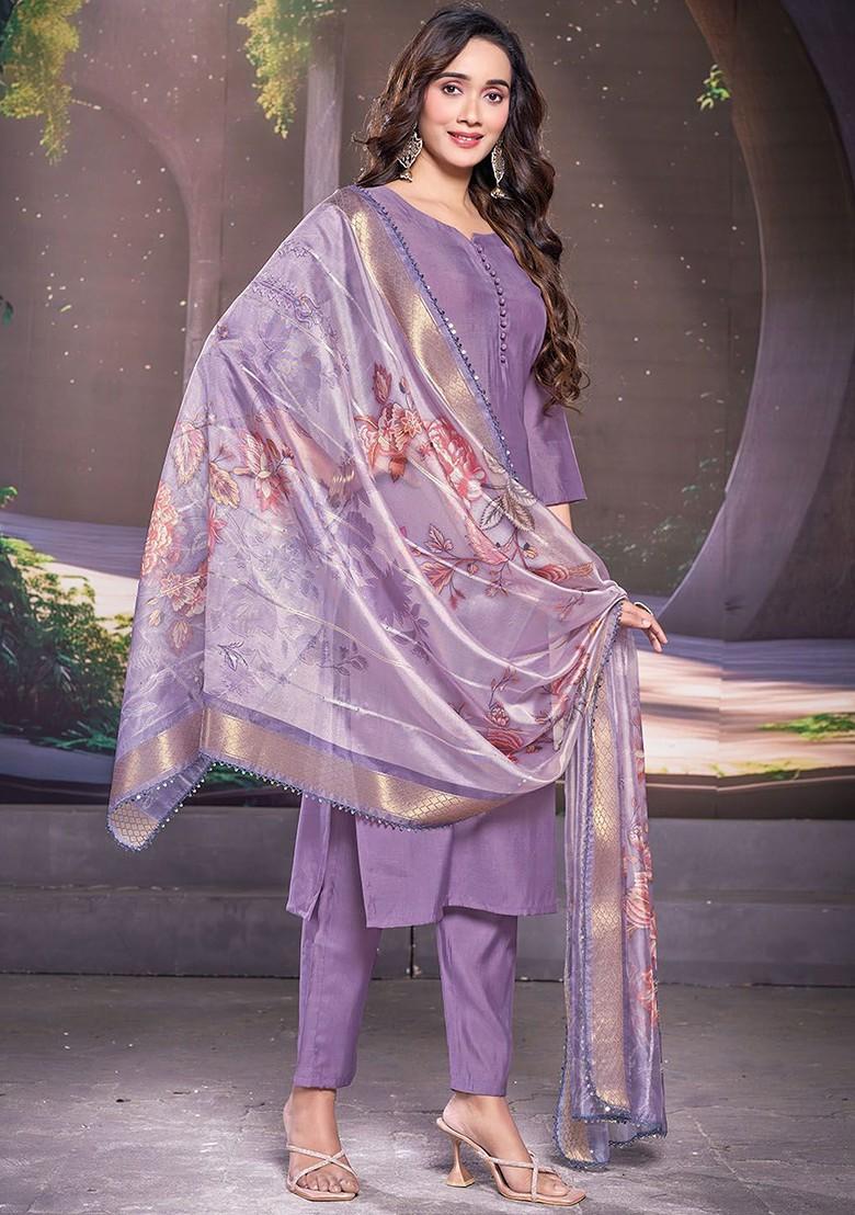 Lavender Solid Poly Blend Kurta Set