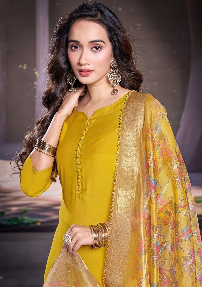 Yellow Solid Poly Blend Kurta Set