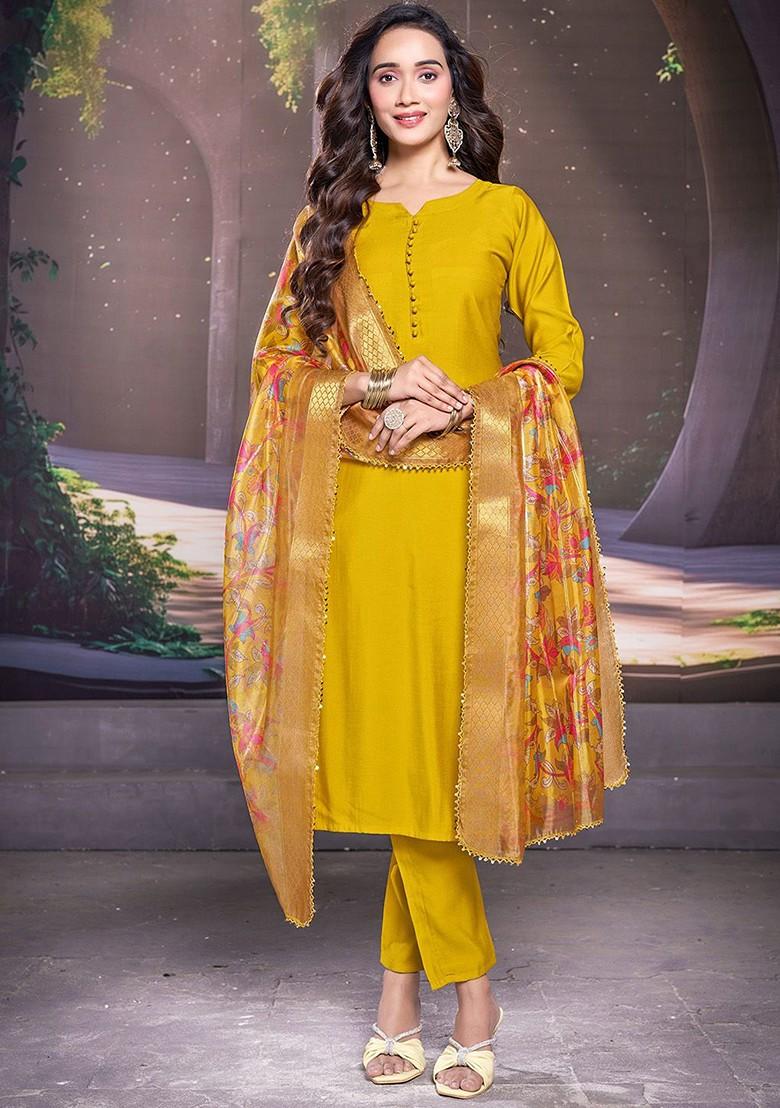Yellow Solid Poly Blend Kurta Set