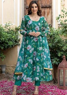 Green Floral Print Poly Blend Kurta Set
