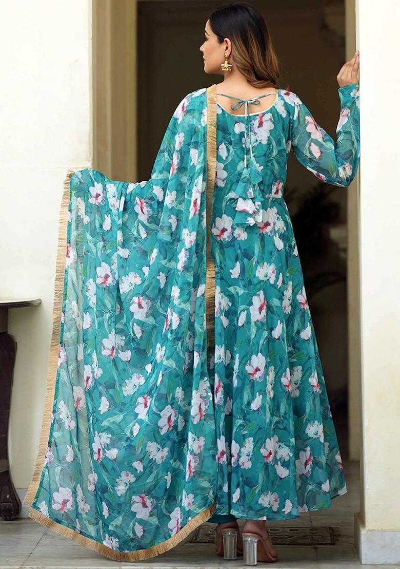 Green Floral Print Poly Blend Kurta Set