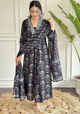Black Floral Print Cotton Kurta Set