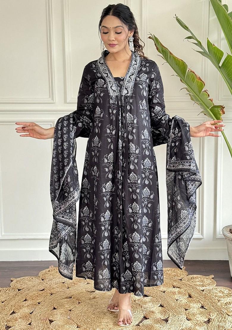 Black Floral Print Cotton Kurta Set