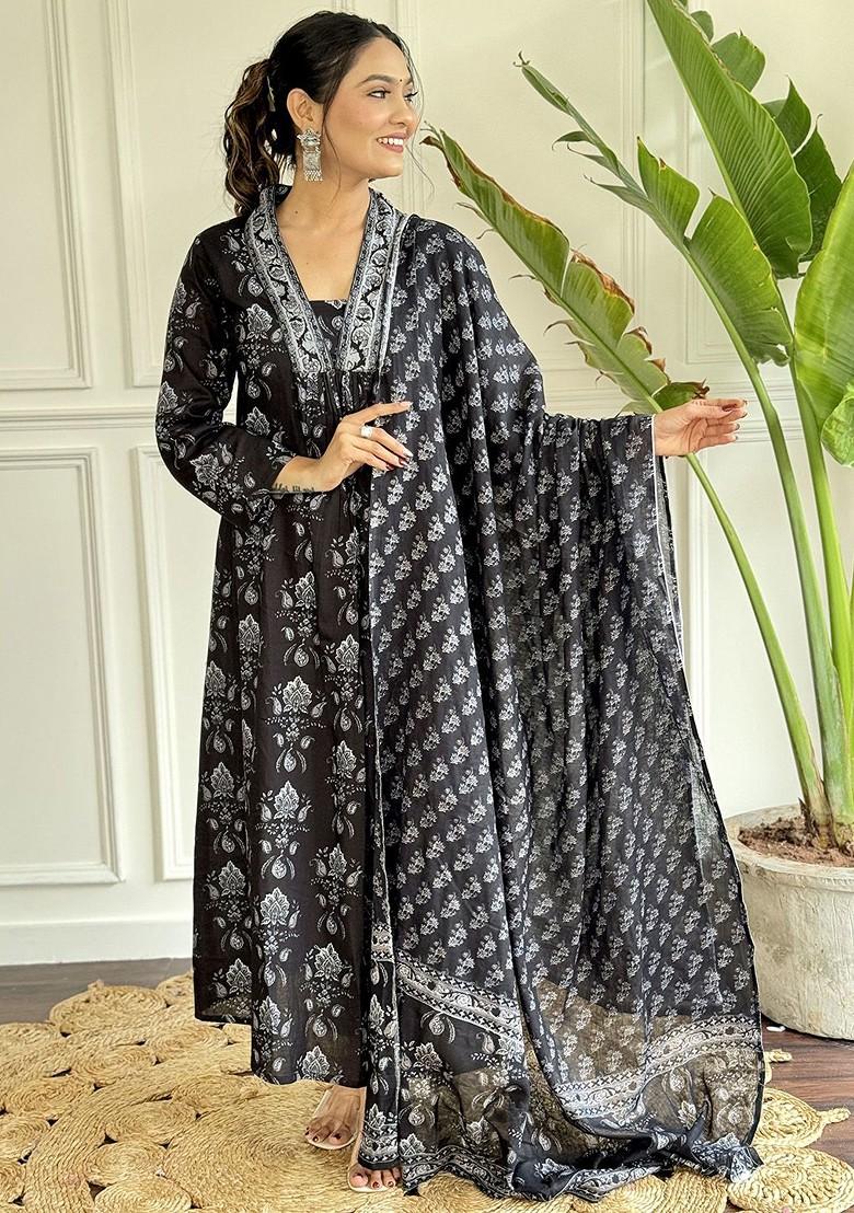 Black Floral Print Cotton Kurta Set