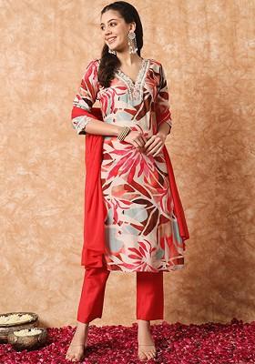 Beige Printed Poly Blend Kurta Set