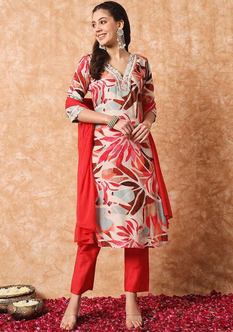 Beige Printed Poly Blend Kurta Set