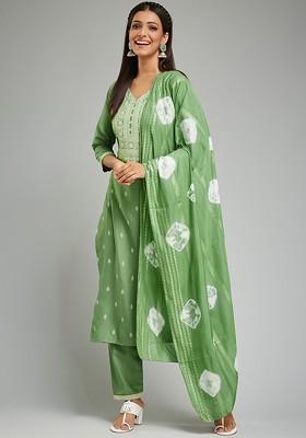 Green Printed Poly Blend Kurta Set