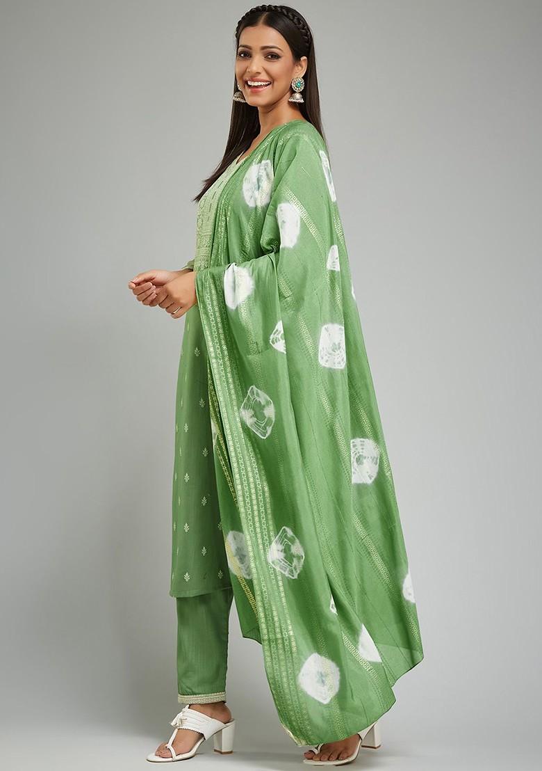 Green Printed Poly Blend Kurta Set