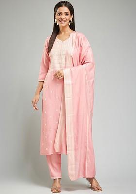 Peach Embroidered Poly Blend Kurta Set