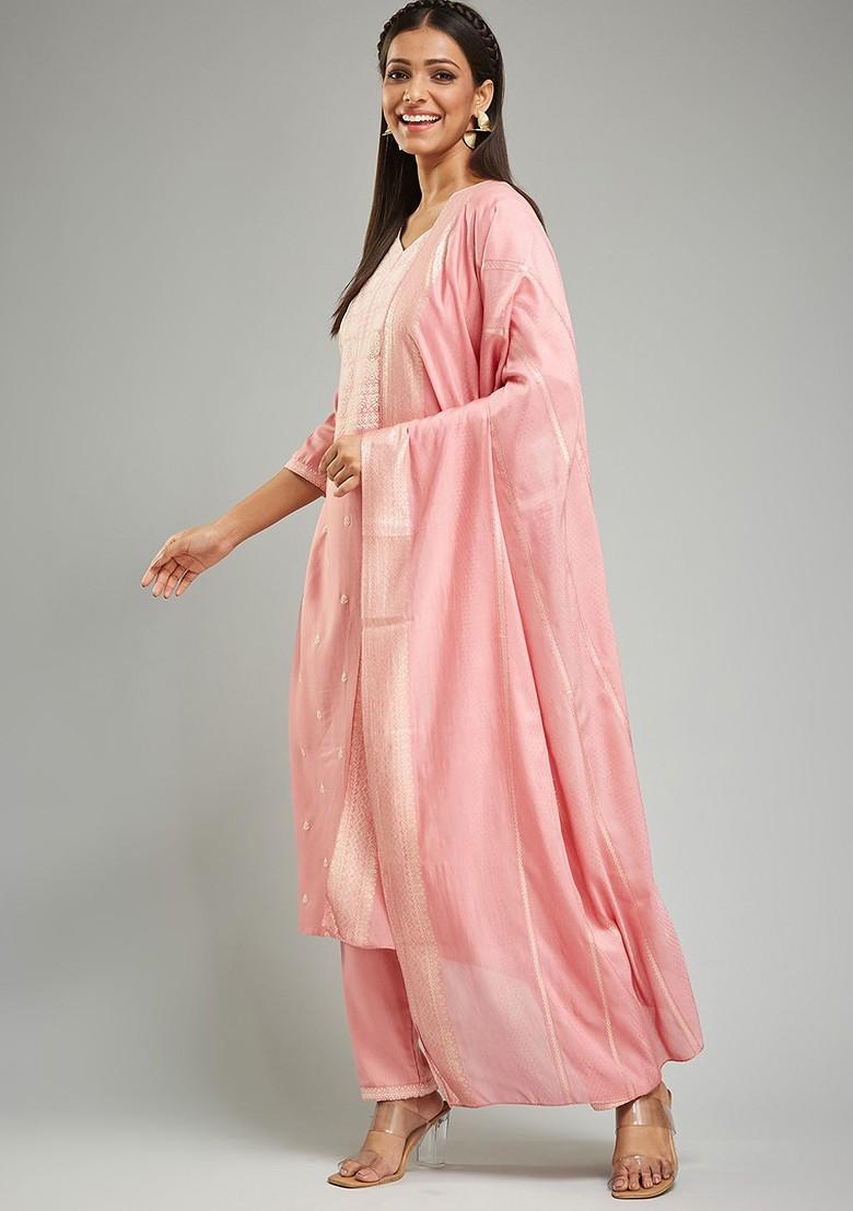 Peach Embroidered Poly Blend Kurta Set