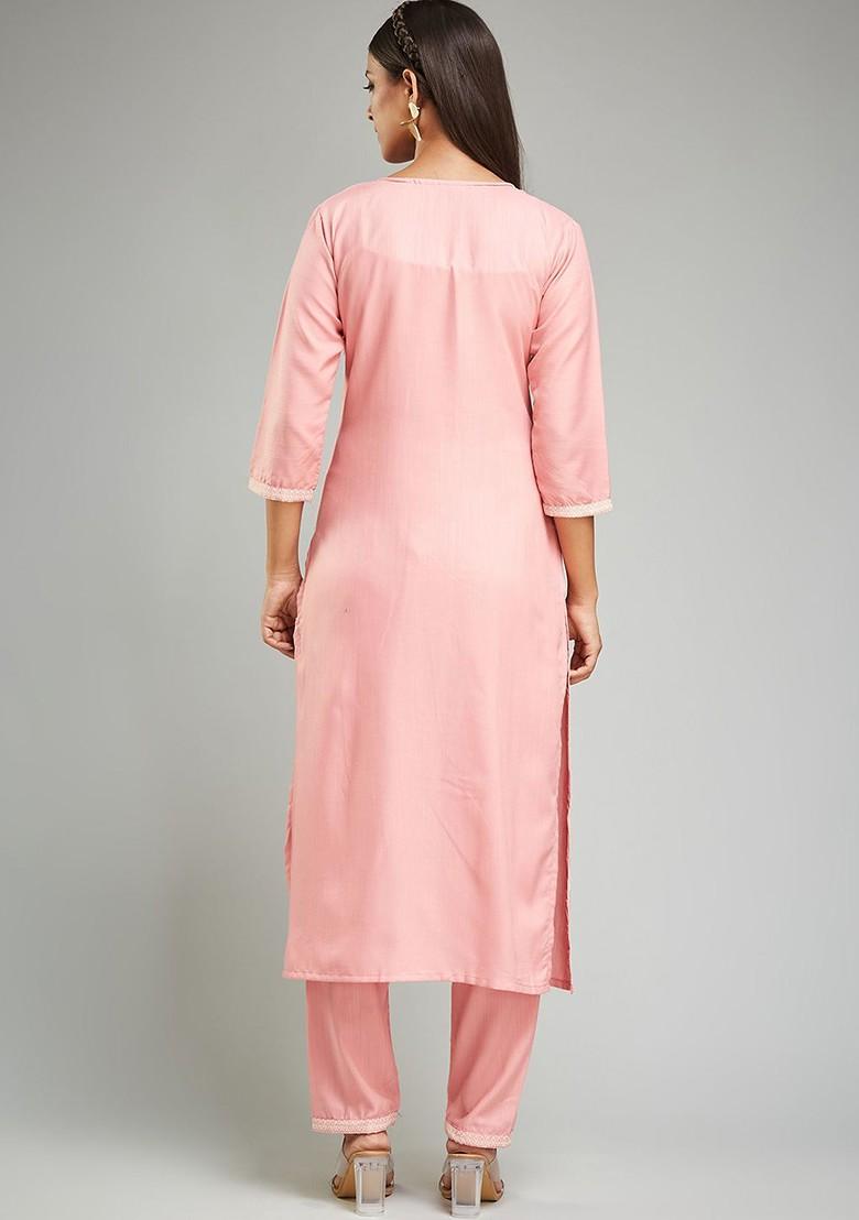 Peach Embroidered Poly Blend Kurta Set