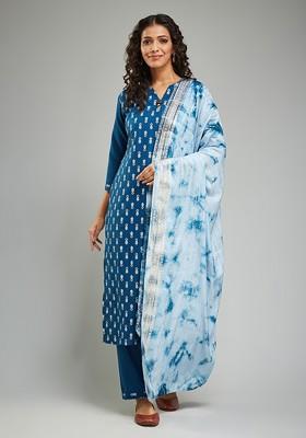 Blue Printed Poly Blend Kurta Set