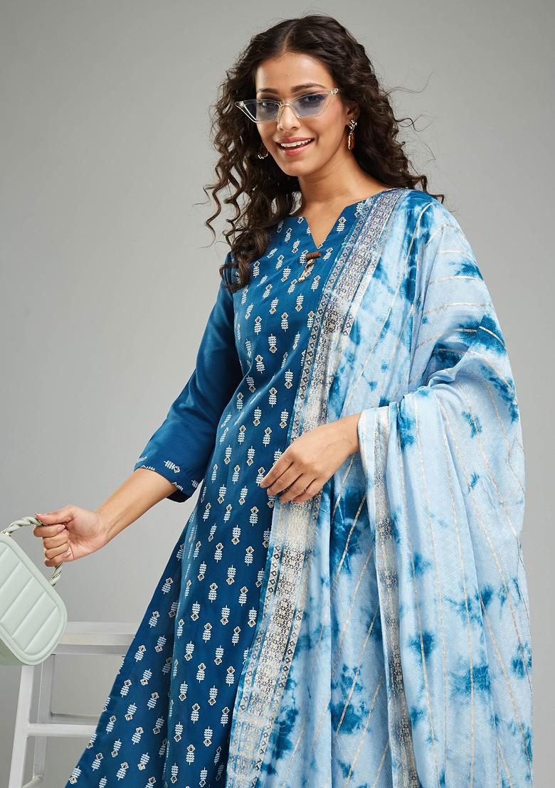 Blue Printed Poly Blend Kurta Set