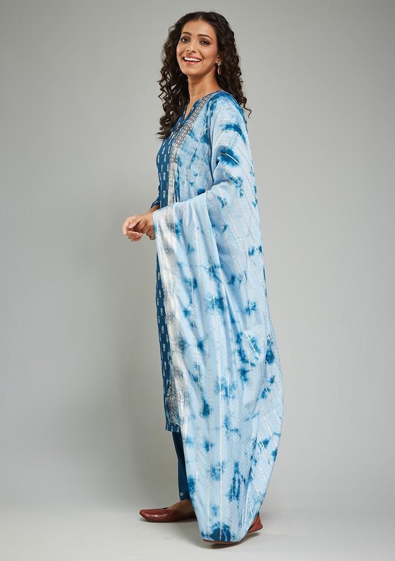 Blue Printed Poly Blend Kurta Set