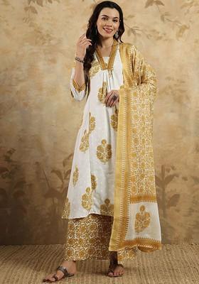 Beige Floral Print Poly Blend Kurta Set