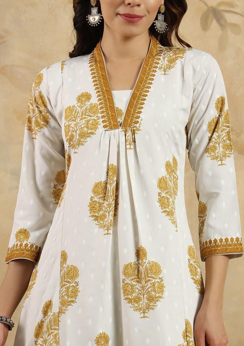Beige Floral Print Poly Blend Kurta Set
