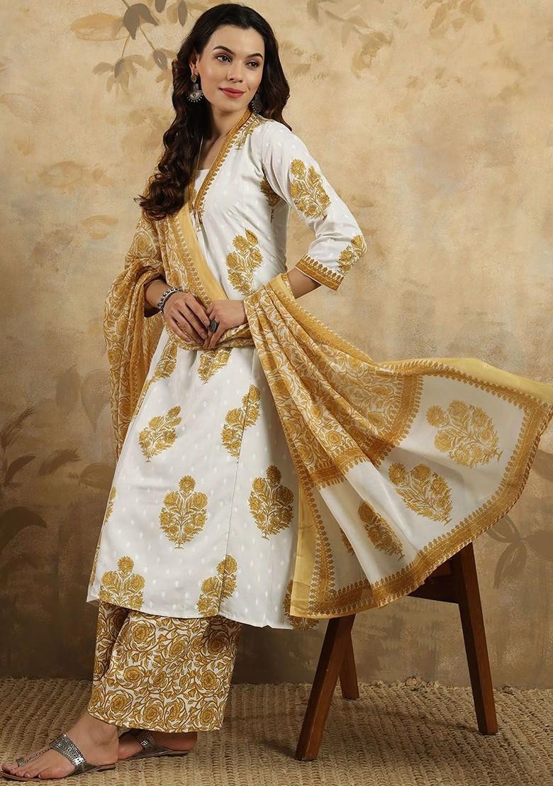 Beige Floral Print Poly Blend Kurta Set