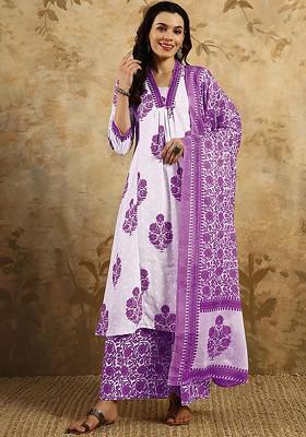Lavender Floral Print Poly Blend Kurta Set