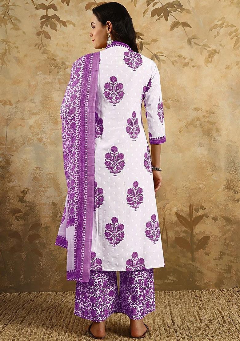 Lavender Floral Print Poly Blend Kurta Set
