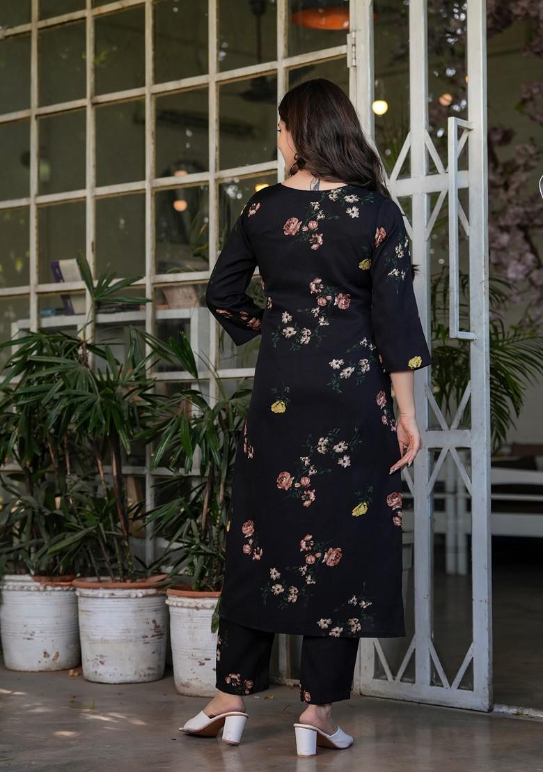 Black Floral Print Poly Blend Kurta Set