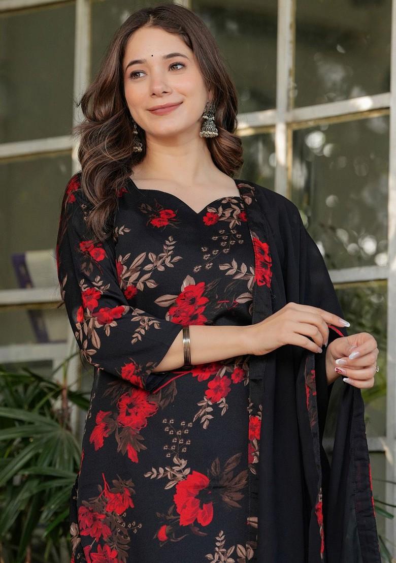 Black Floral Print Poly Blend Kurta Set