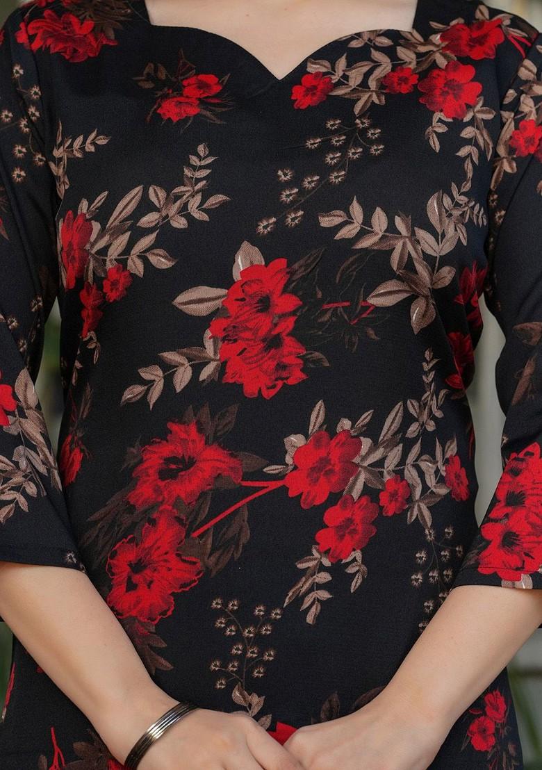 Black Floral Print Poly Blend Kurta Set