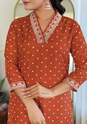Rust Printed Poly Blend Kurta Set