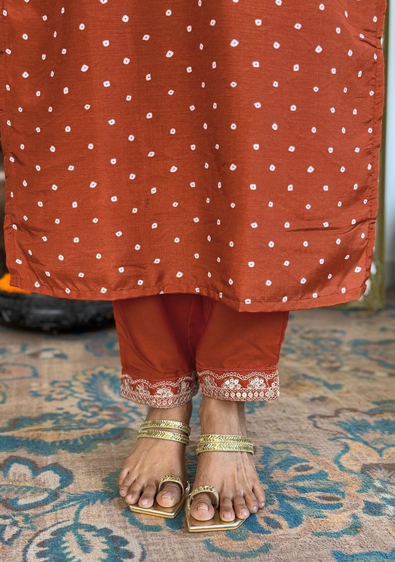 Rust Printed Poly Blend Kurta Set
