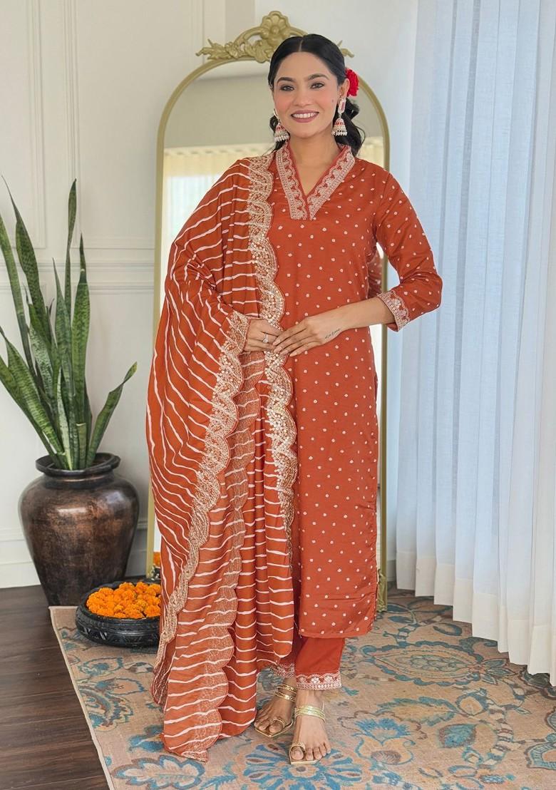 Rust Printed Poly Blend Kurta Set