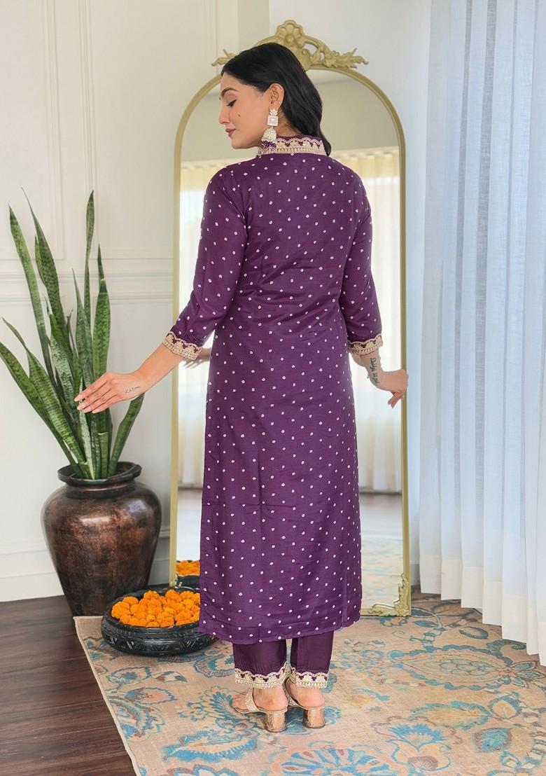 Purple Printed Poly Blend Kurta Set