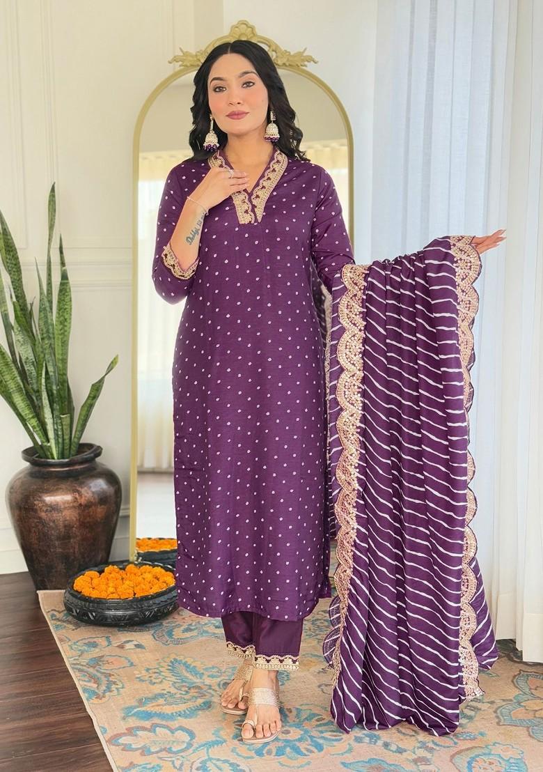 Purple Printed Poly Blend Kurta Set