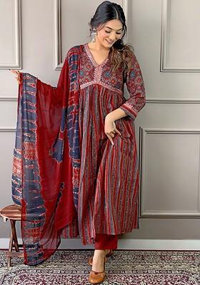 Maroon Floral Print Cotton Kurta Set