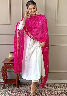 White Floral Print Chanderi Kurta Set