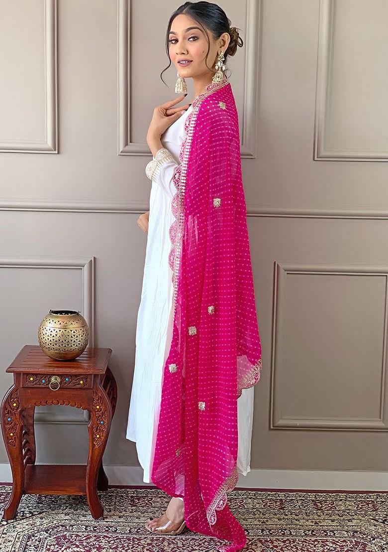 White Floral Print Chanderi Kurta Set