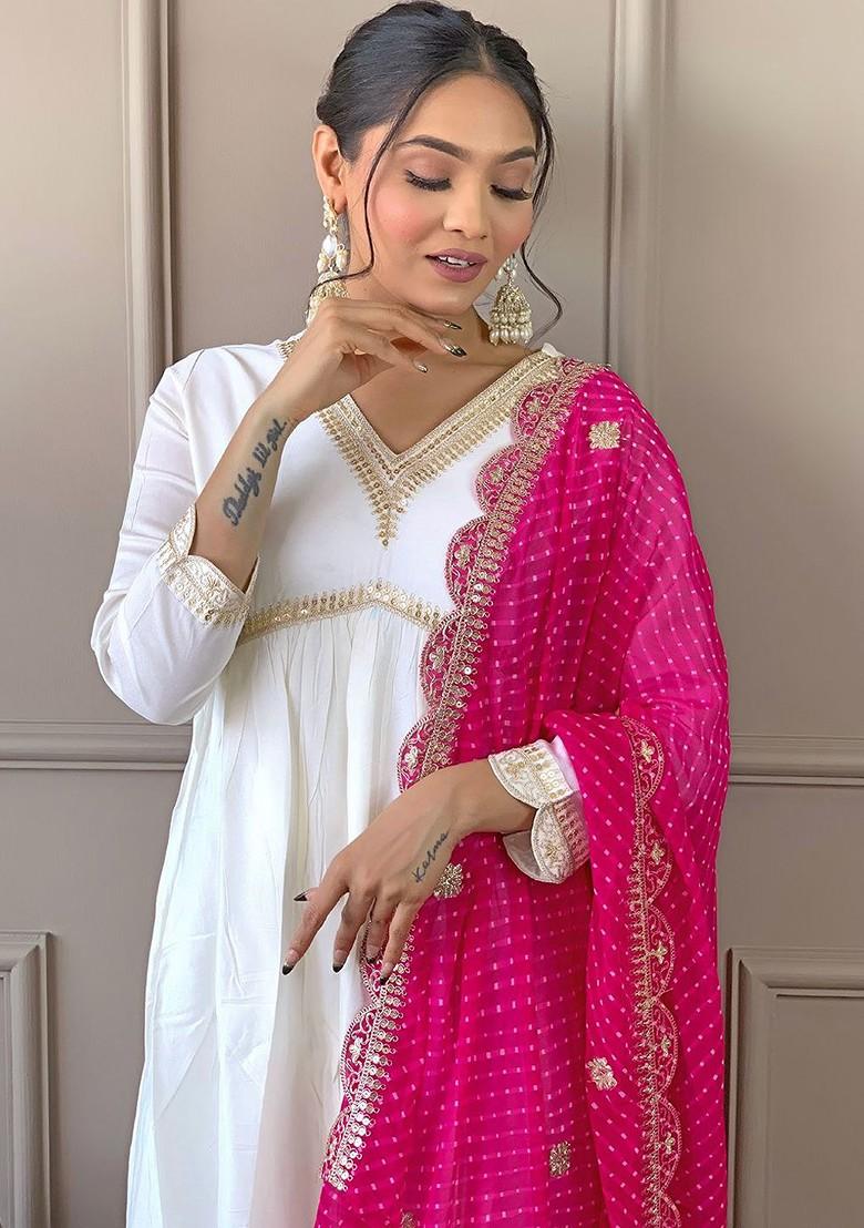 White Floral Print Chanderi Kurta Set