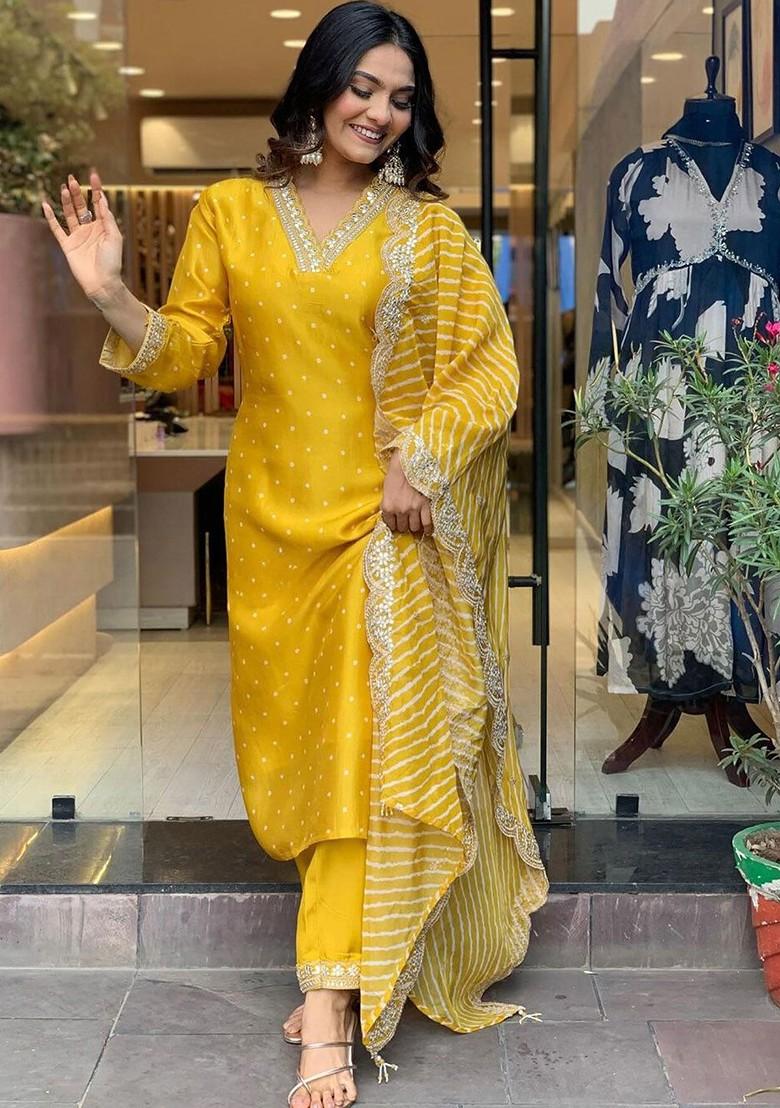 Yellow Embroidered Poly Blend Kurta Set