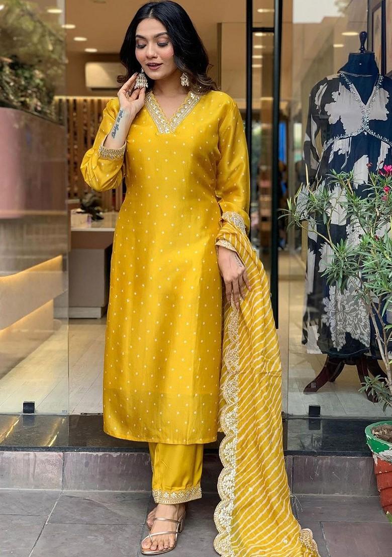 Yellow Embroidered Poly Blend Kurta Set