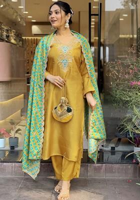 Mustard Floral Print Silk Kurta Set