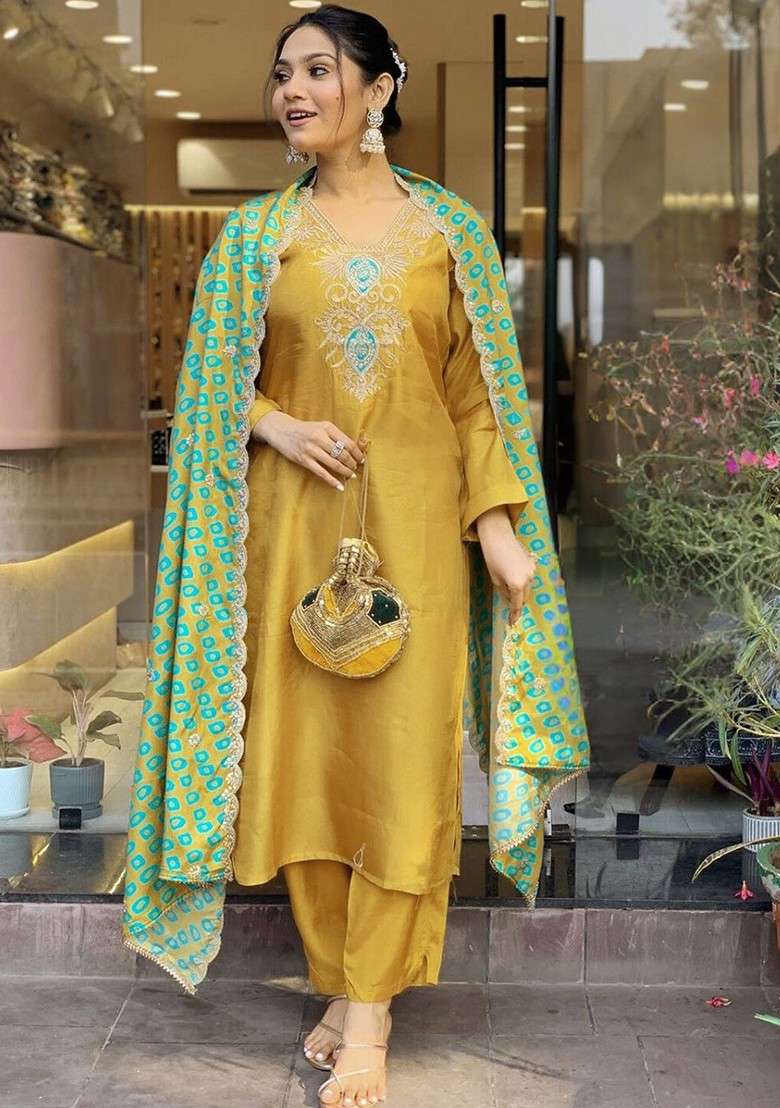 Mustard Embroidered Silk Blend Straight Kurta Set - Indya