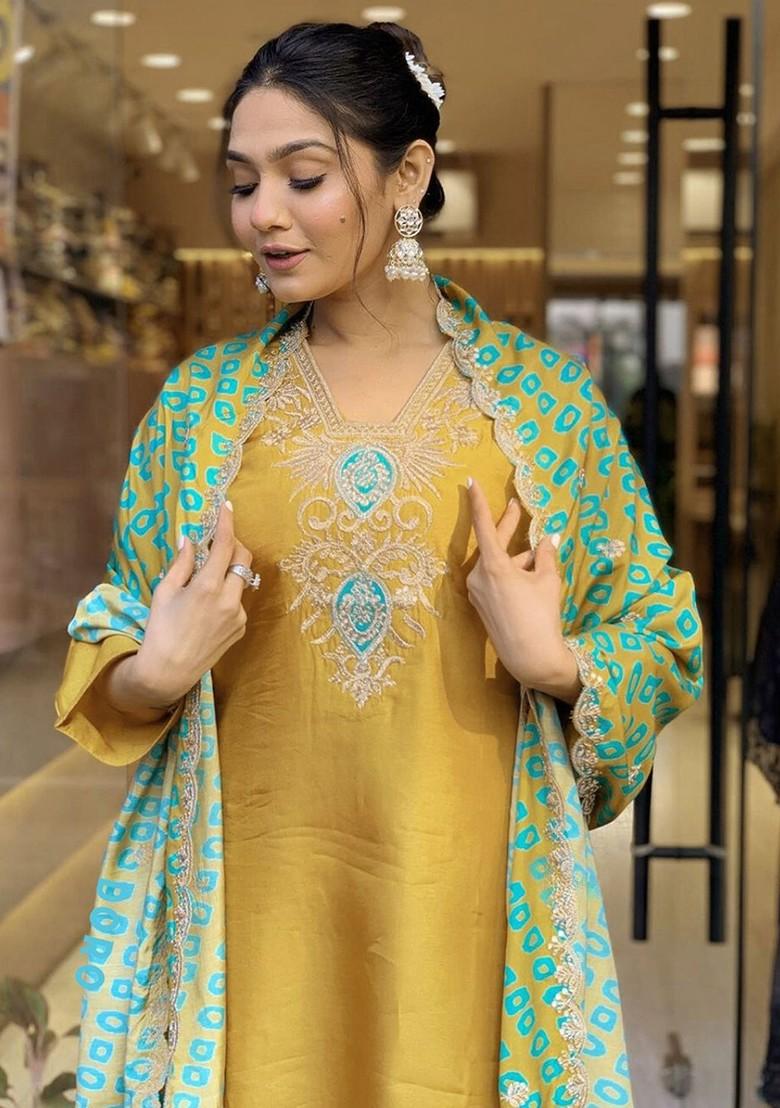 Mustard Floral Print Silk Kurta Set