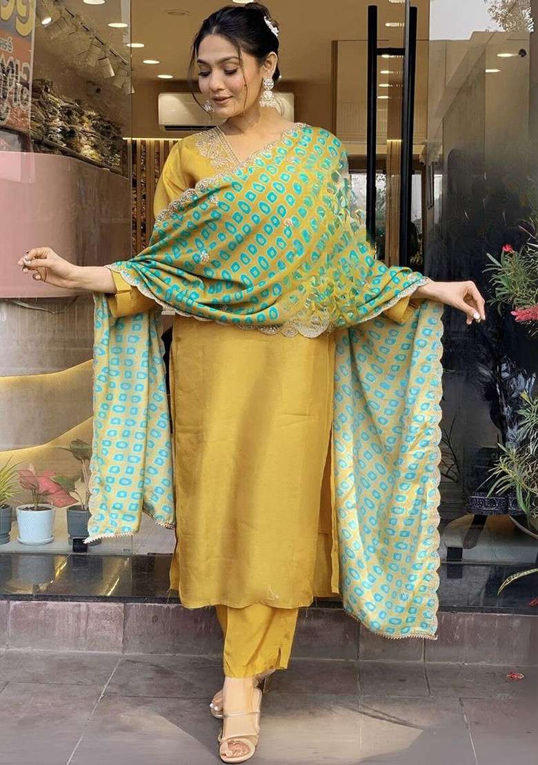 Mustard Embroidered Silk Blend Straight Kurta Set - Indya