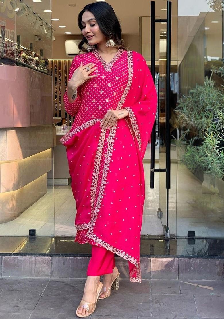 Fuchsia Woven Poly Blend Kurta Set