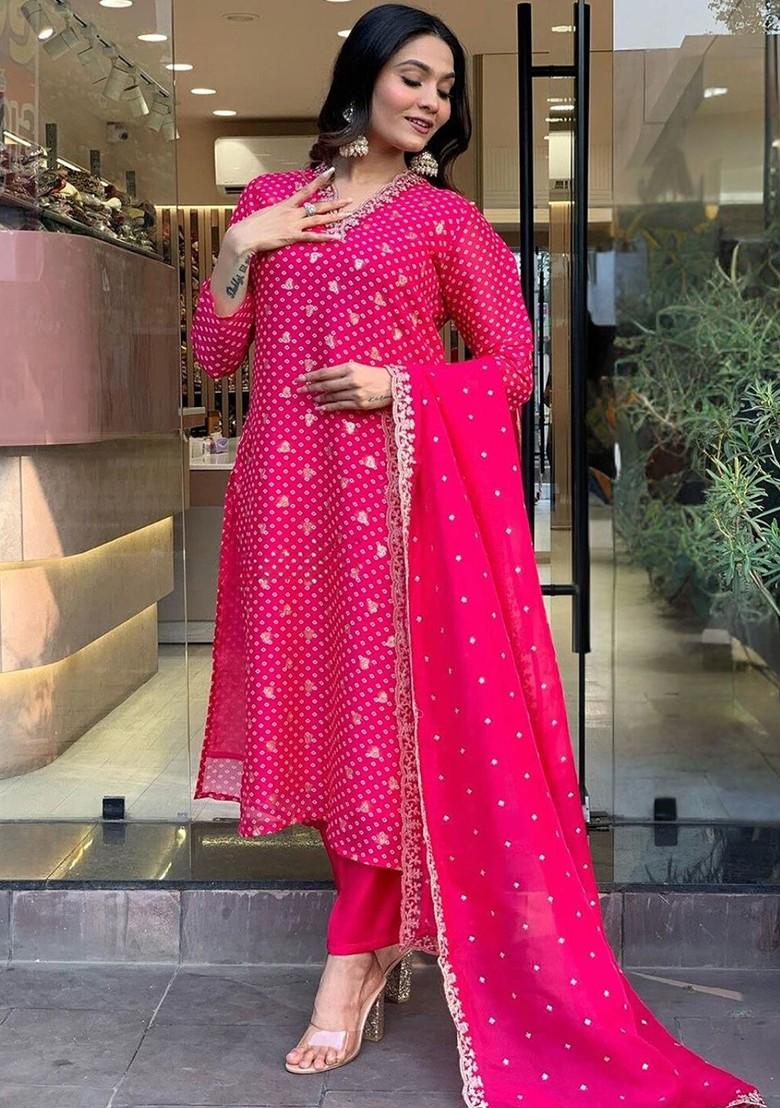 Fuchsia Woven Poly Blend Kurta Set