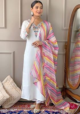 Off White Floral Print Silk Kurta Set