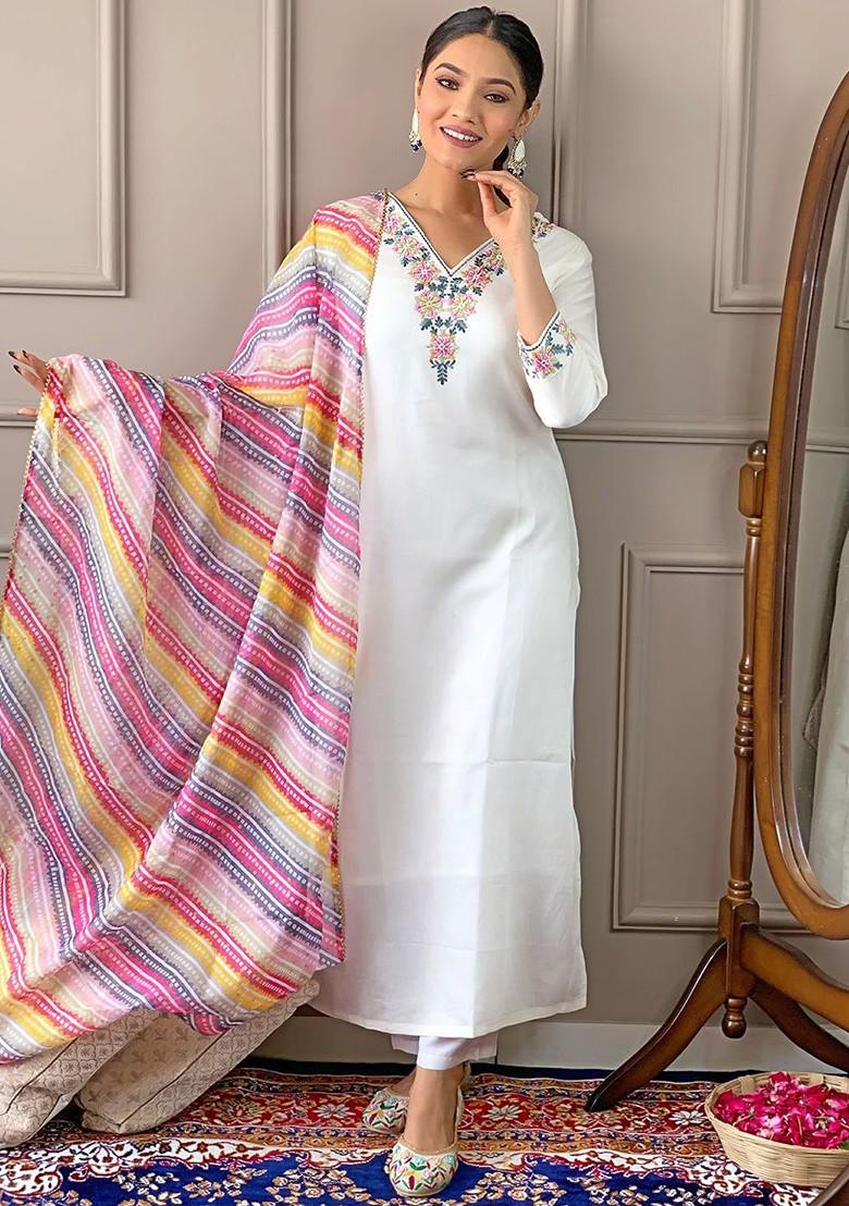 Off White Floral Print Silk Kurta Set