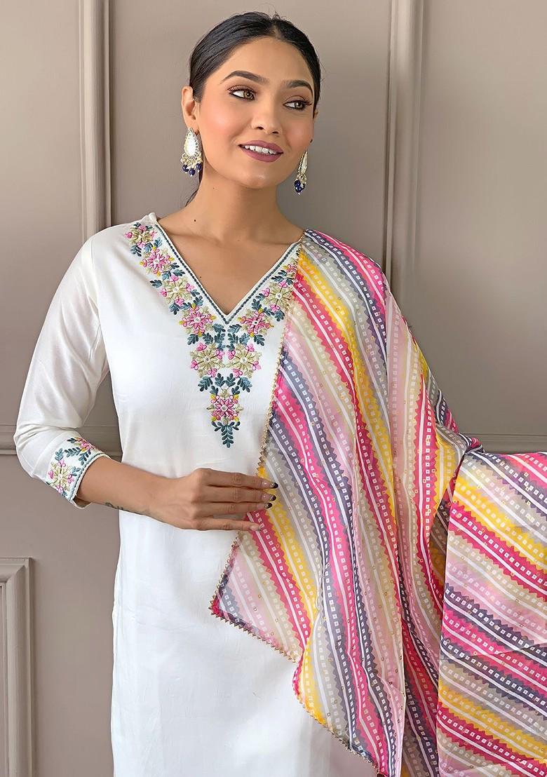 Off White Floral Print Silk Kurta Set