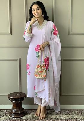 Lavender Embroidered Poly Blend Kurta Set
