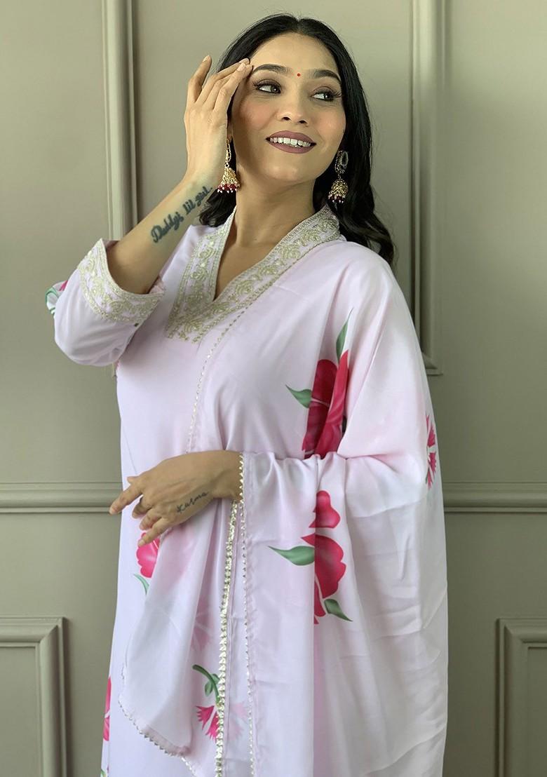 Lavender Embroidered Poly Blend Kurta Set