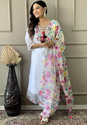 White Floral Print Chanderi Kurta Set