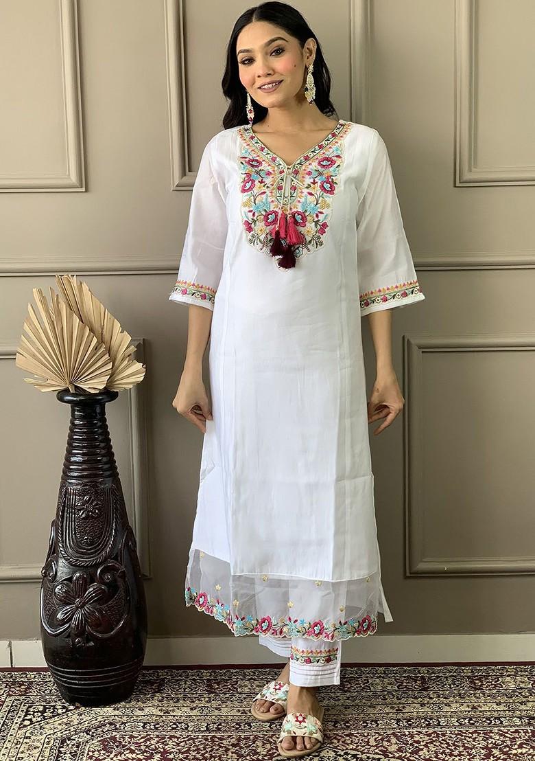 White Floral Print Chanderi Kurta Set